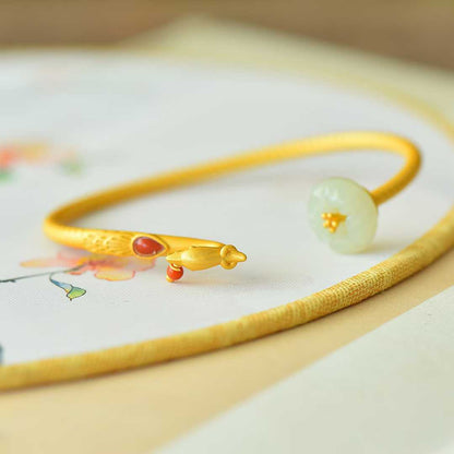 925 Silver Inlaid Hetian Nephrite "Lotus & Phoenix Arrival" Bracelet