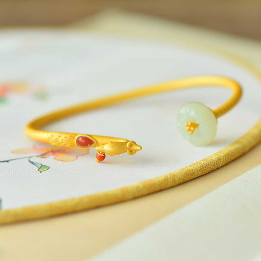 925 Silver Inlaid Hetian Nephrite "Lotus & Phoenix Arrival" Bracelet