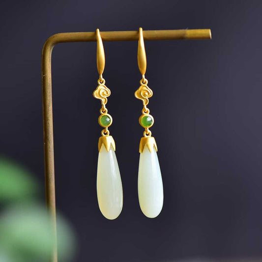 925 Silver Inlaid White Hetian Nephrite Long Drop Earrings