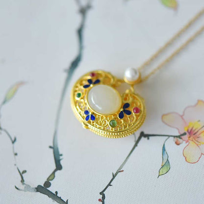 S925 Silver Inlaid Hetian Nephrite "All Wishes Come True & Ruyi Lock" Pendant