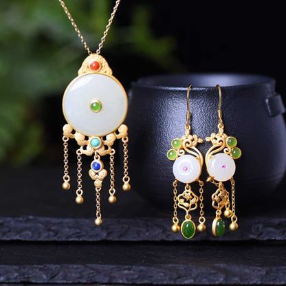 925 Silver Inlaid Hetian Jade Ping'an Kou Set