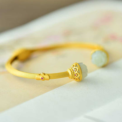 925 Silver Inlaid Hetian Nephrite "Small Lotus & Endless Luck" Bracelet