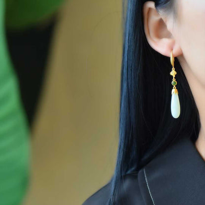 925 Silver Inlaid White Hetian Nephrite Long Drop Earrings