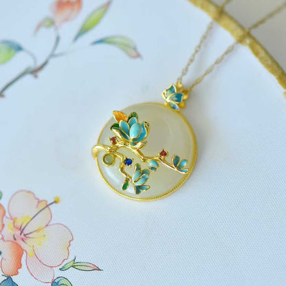 925 Silver Inlaid Hetian Nephrite "Princess Buckle & Butterfly-on-Flower" Pendant