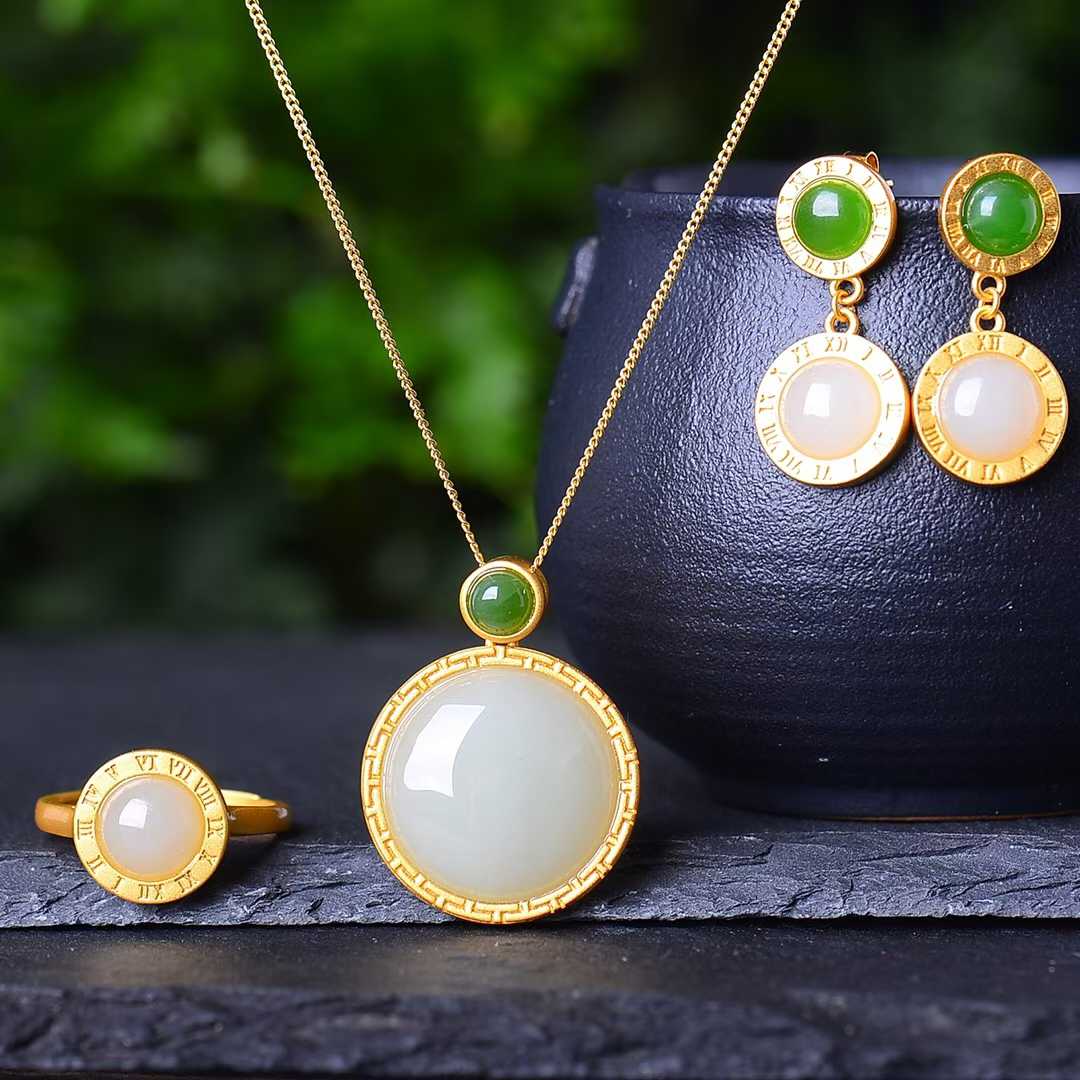 925 Silver Inlaid Hetian Jade Bulgari Set