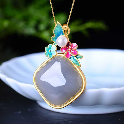 925 Silver Inlaid Hetian Nephrite "Smoky Gray & Matte Gold Enamel" Pendant