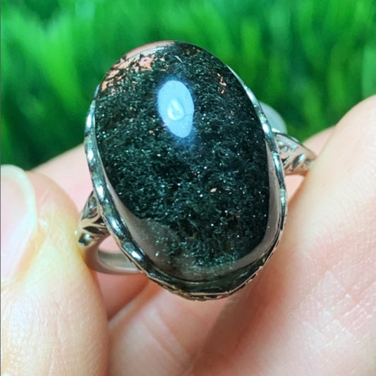 Natural Deep Forest Green Phantom Quartz Ring