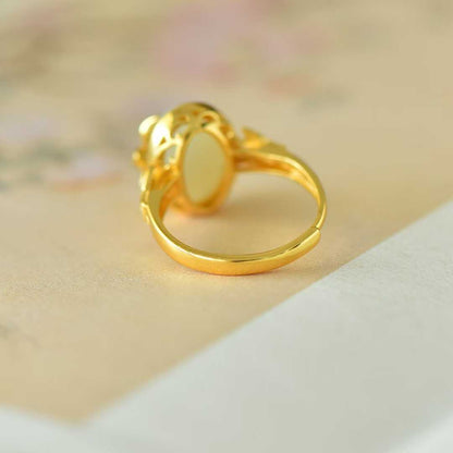 925 Silver Inlaid White Hetian Nephrite "Butterfly on Flower" Ring