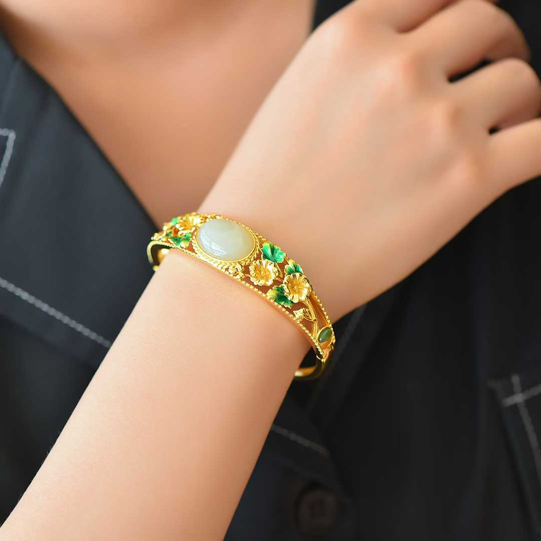 925 Silver Inlaid Nephrite "Twelve-Month Flower Deities" (Jewelry/Collection)