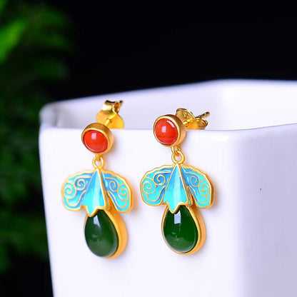 925 Silver Inlaid Nephrite Green Jade Teardrop Enamel Earrings