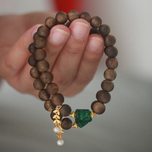 Natural Myanmar Jadeite and Kyara Agarwood Bracelet
