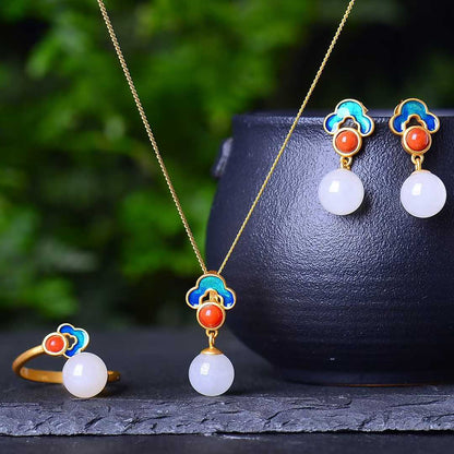 Elegant 925 silver inlaid Hetian jade set featuring 8mm beads and vibrant enamel work