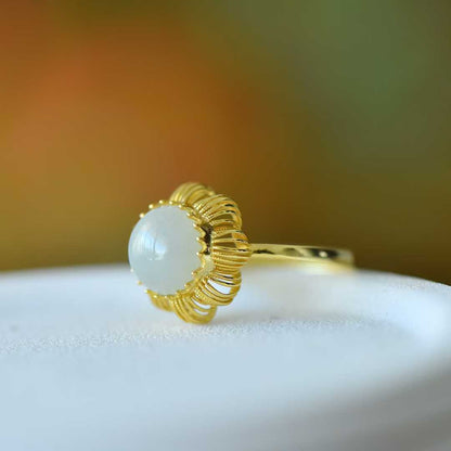 925 Silver Inlaid Hetian Nephrite "Round Drum & Plain Silver Hollow-Out" Ring