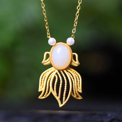 925 Silver Inlaid Nephrite Jewelry Set with Thick Matte Gold Fish Pendant