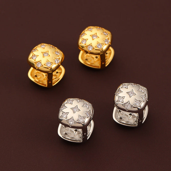 Simple retro three-dimensional square star zircon earrings - jewelryweilin