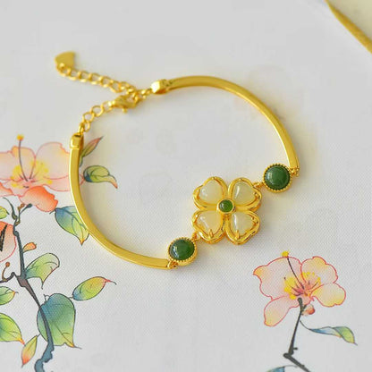 925 Silver Inlaid Hetian Nephrite "Luck Arrives" Four-Leaf Clover Bracelet