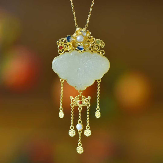 925 Silver Inlaid Hetian Nephrite "Orioles Singing & Butterflies Dancing" Tassel Pendant