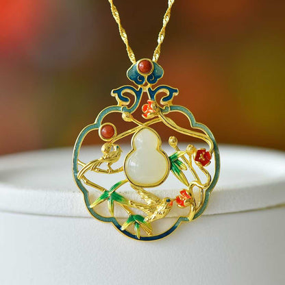 925 Silver Inlaid Hetian Nephrite "Joy on the Eyebrows (Joyful Occasions)" Gourd Pendant