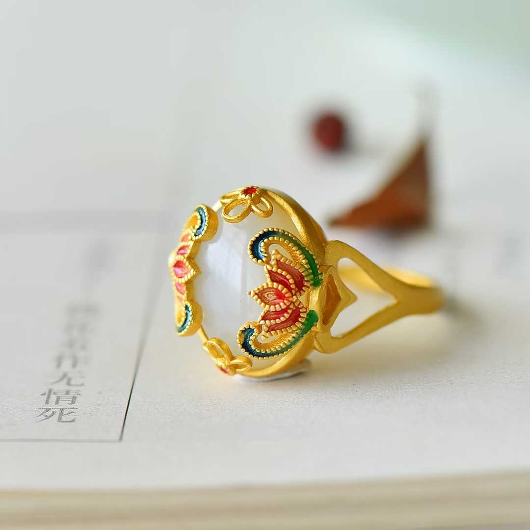 925 Silver Inlaid Red Enamel & White Hetian Nephrite Cabochon Ring