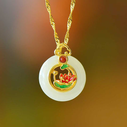 925 Silver-Inlaid Hetian Jade Pendant with "Lotus (Symbolizing Perfect Bliss)" Design