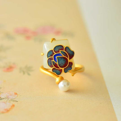 S925 Silver Inlaid Hetian Nephrite Peony Enamel Ring