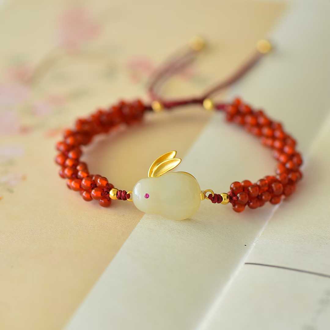 925 sterling silver Hetian nephrite lucky rabbit boundless fortune plain silver bracelet - WeiLin Jewelry
