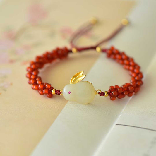 925 sterling silver Hetian nephrite lucky rabbit boundless fortune plain silver bracelet - WeiLin Jewelry
