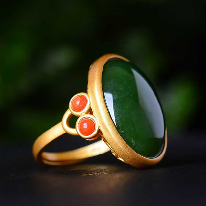 925 Silver Inlaid Nephrite Green Jade Cabochon Matte Gold Ring