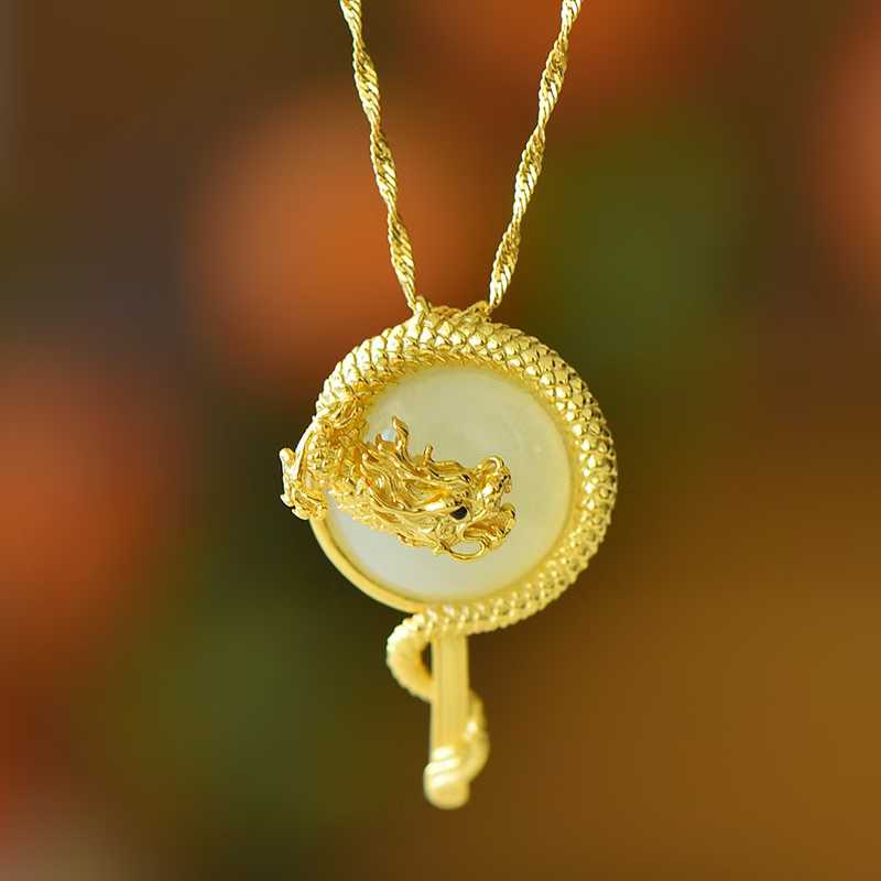 925 Silver-Inlaid Hetian Jade Pendant with Round Drum-Shaped Surface & "Dragon Soaring Across the Four Seas" Design