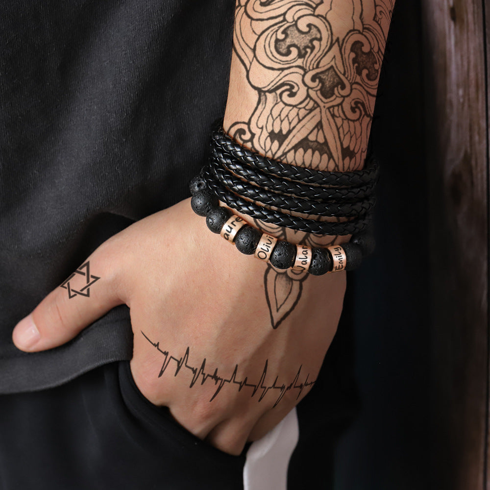 Men's engraved lava stone bead bracelet