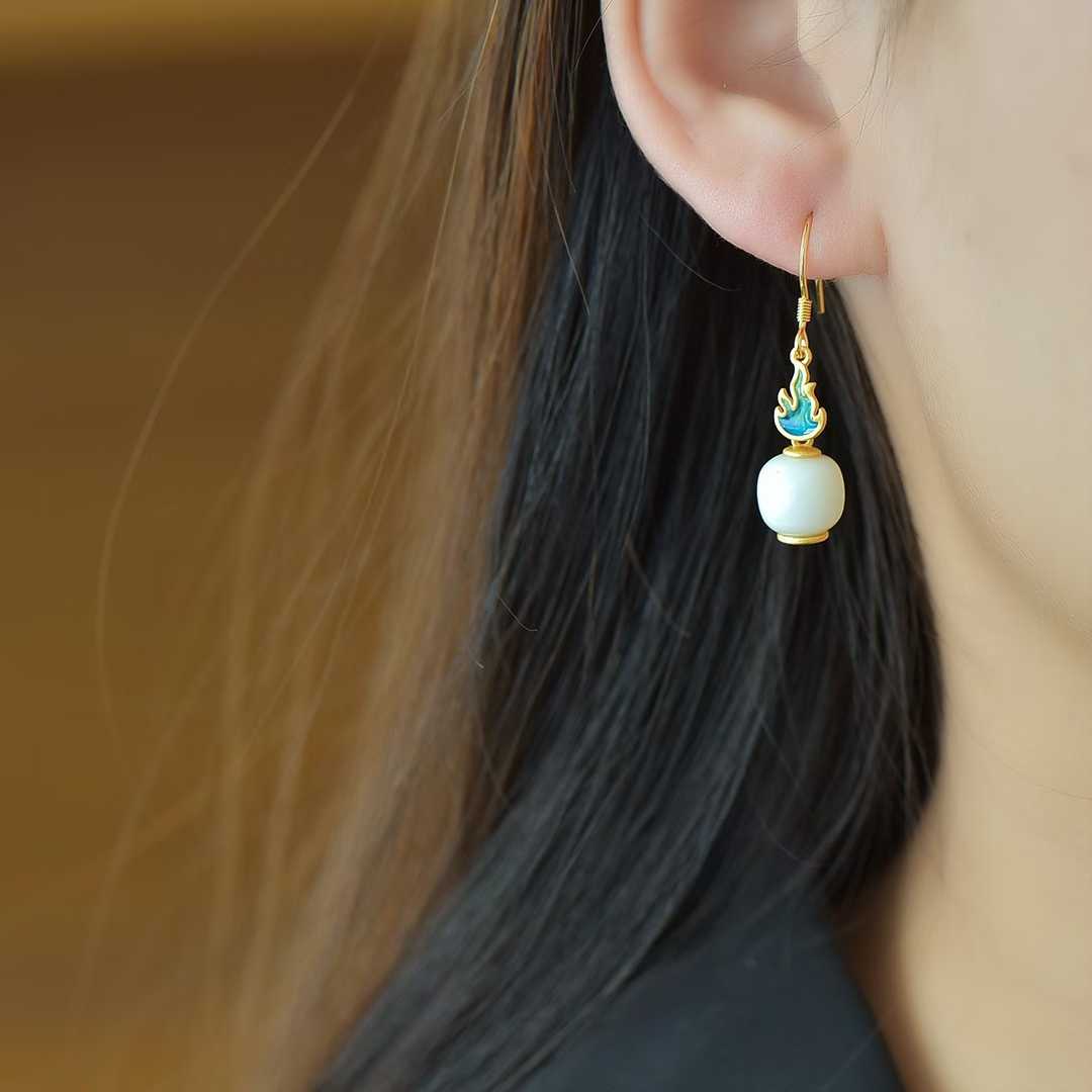 925 Silver Inlaid Hetian Nephrite Fine Material Barrel Bead "Everlasting Vitality" Enamel Earrings