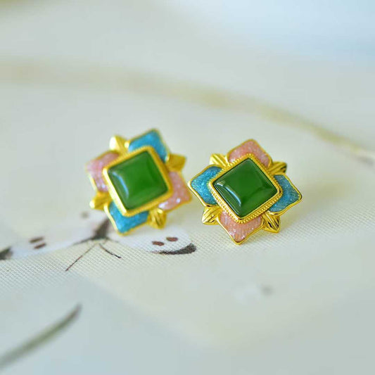 925 Silver Inlaid Hetian Nephrite "Heart Shape & Blooming Prosperity" Stud Earrings