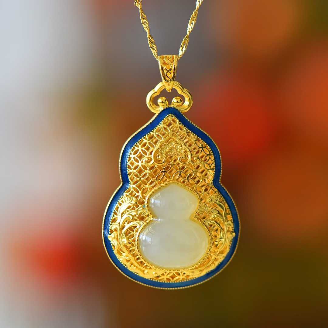 925 sterling silver Hetian nephrite double blessings fortune gourd pendant - WeiLin Jewelry
