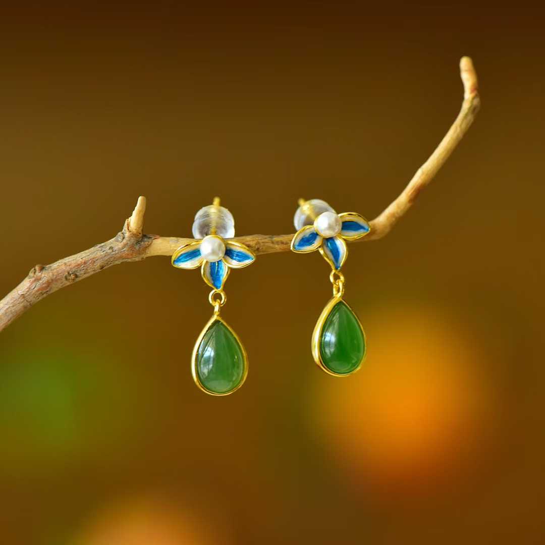 925 Silver Inlaid Hetian Green Nephrite "Orchid & Ruyi" Teardrop Earrings