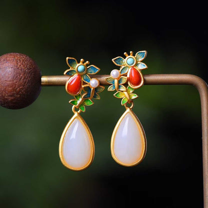 925 Silver Inlaid Hetian Jade Teardrop Enamel Earrings