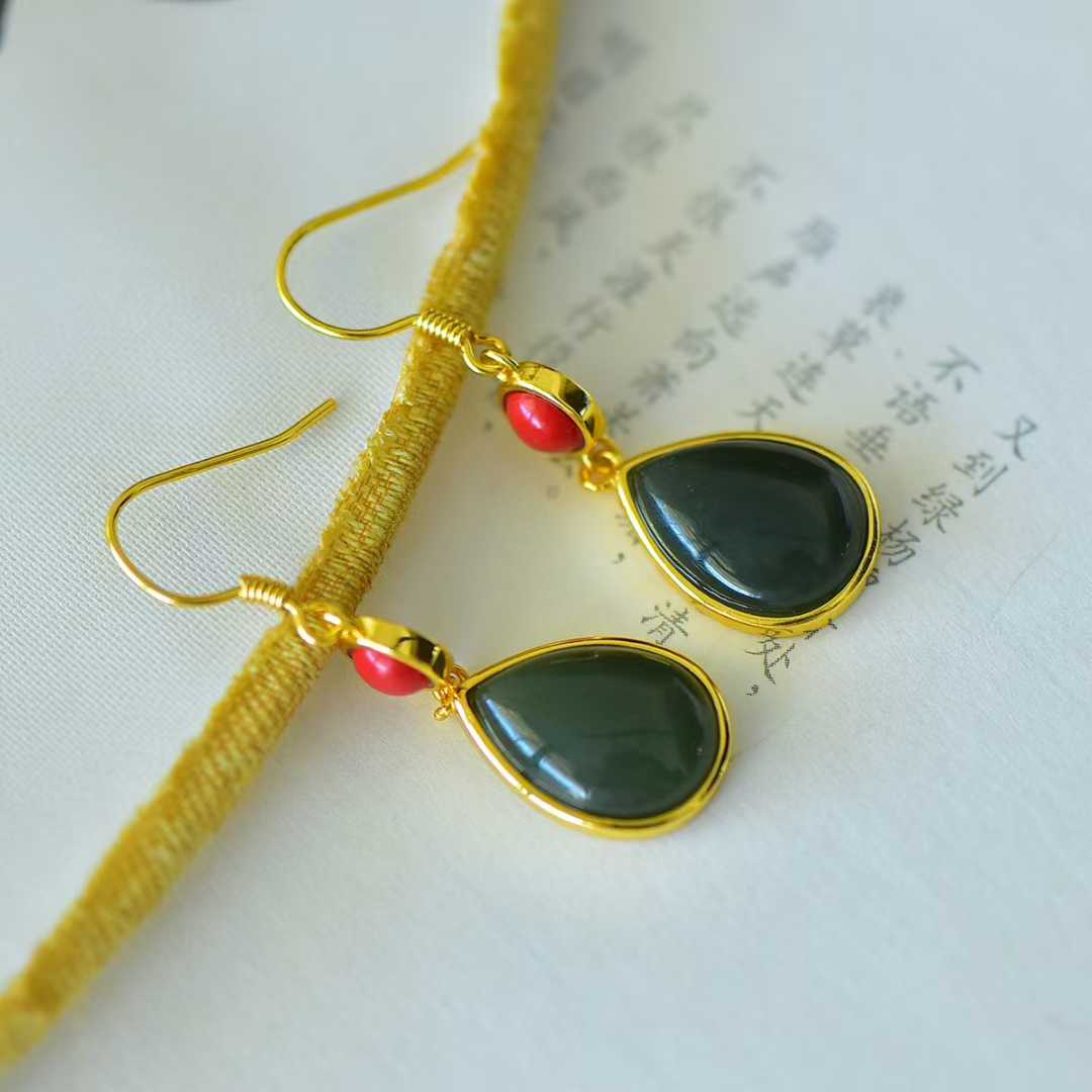 Minimalist Hetian nephrite jewelry with sophisticated water drop and cinnabar design