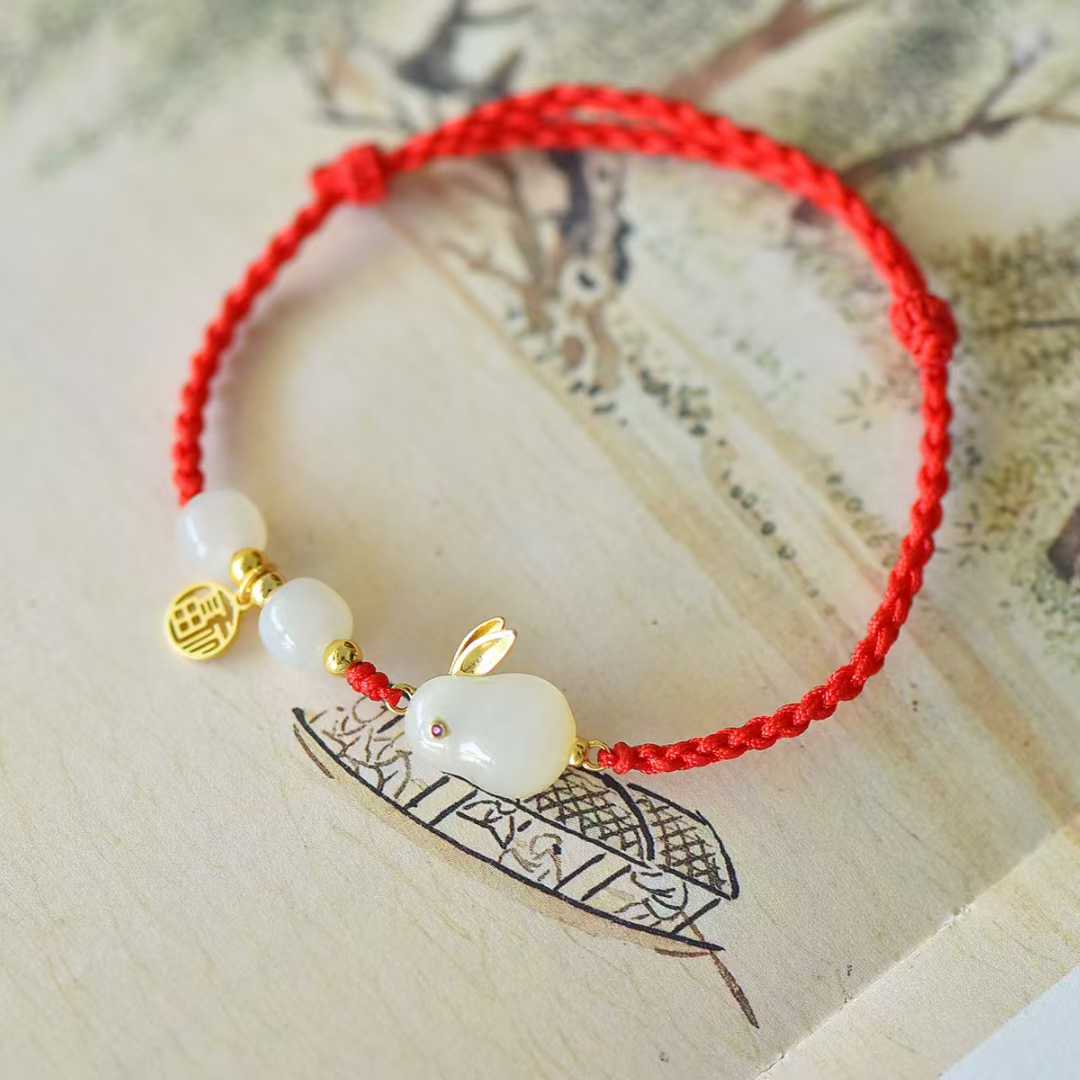 925 Silver Inlaid Hetian Nephrite "Rabbit & Red Cord - Multi-Gem & Multi-Blessings"