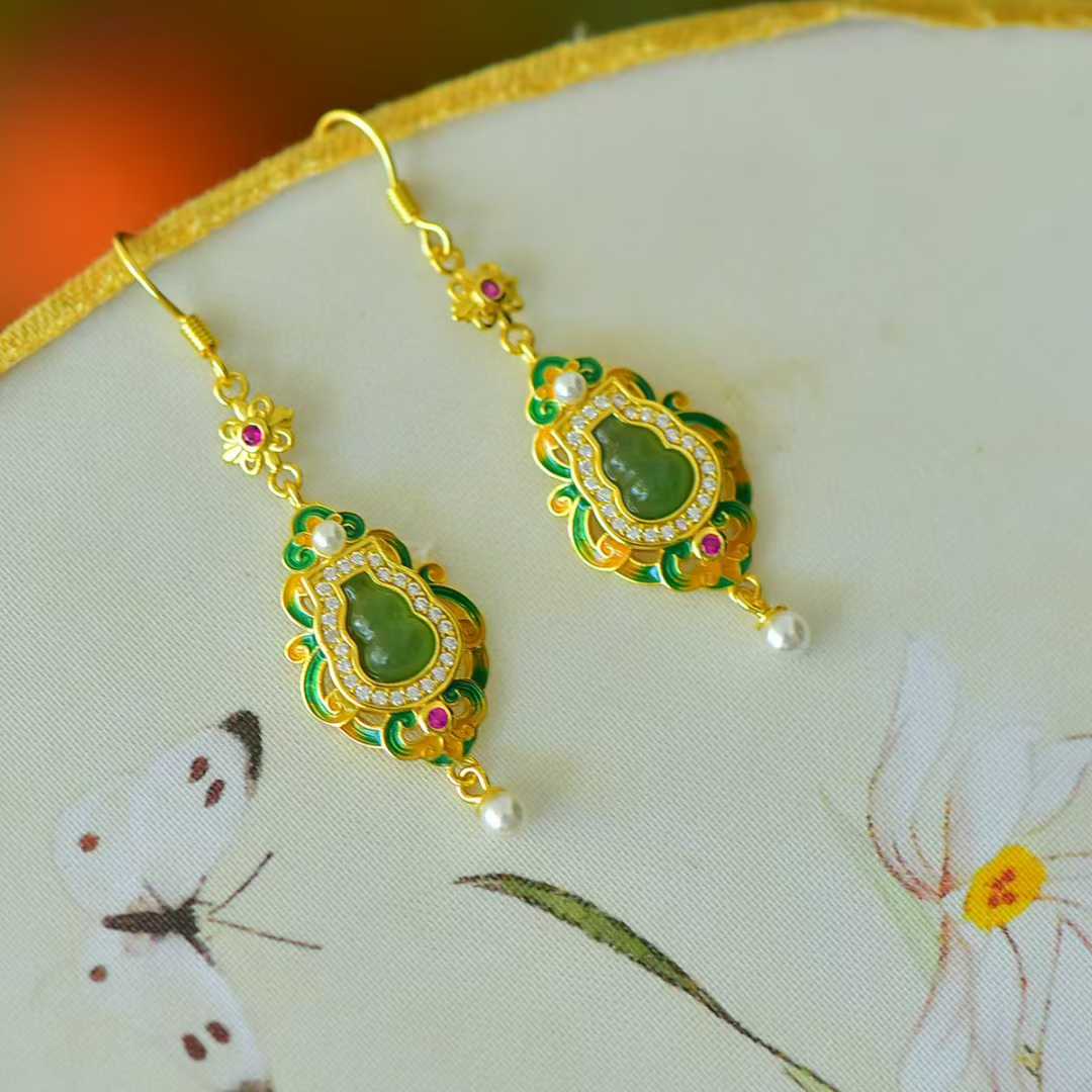 925 Silver Inlaid Hetian Jadeite (Jasper) "Gourd - Blessing & Emoluments" Earrings