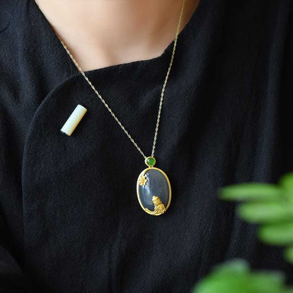 Ancient-Style Silver-Inlaid Hetian Jade Pendant (Smoky Cyan Cabochon)