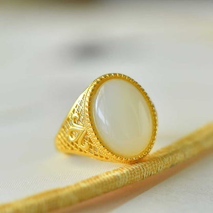 925 Silver Inlaid Hetian Nephrite "Love at First Sight" Cabochon Ring