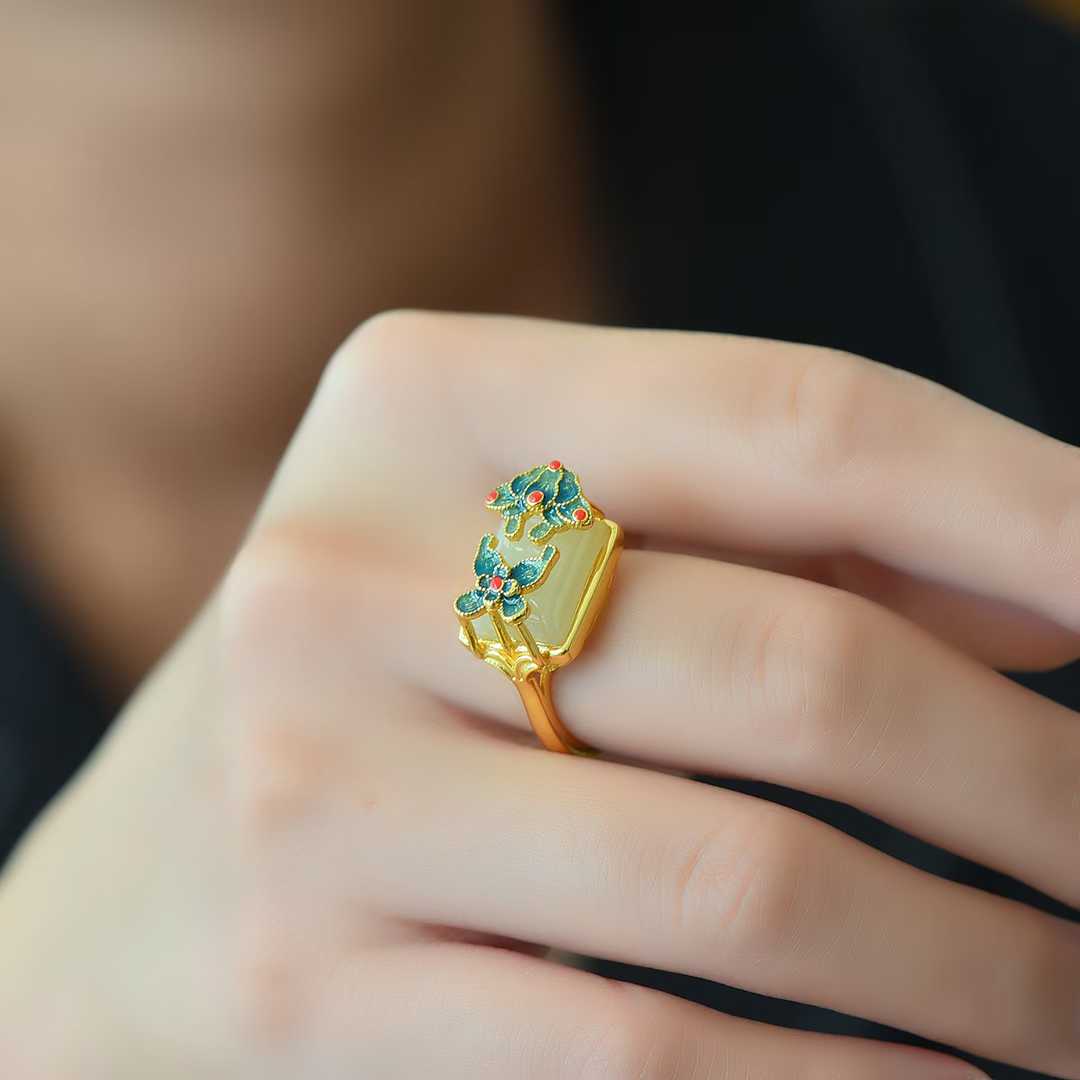 925 Silver Inlaid White Hetian Nephrite "Colorful Butterflies Dancing" Ring