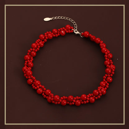 Chinese style retro double layer twisted red beaded necklace - jewelryweilin