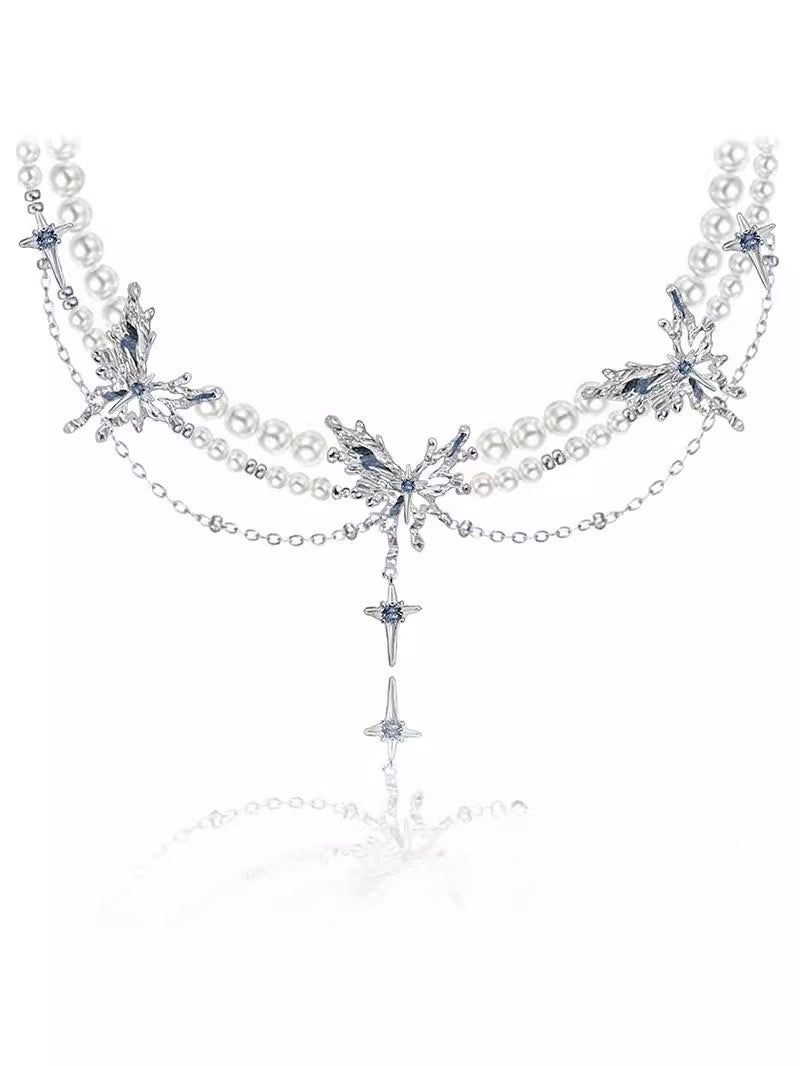 Blue pearl butterfly long pendant necklace