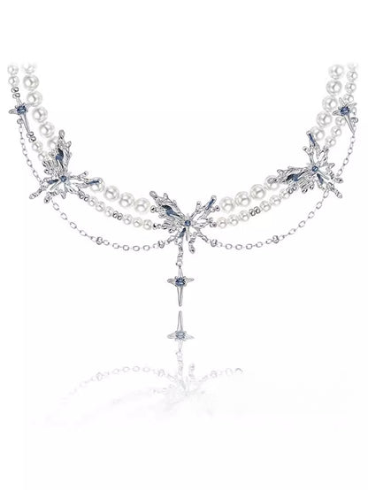 Blue pearl butterfly long pendant necklace