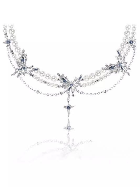 Blue pearl butterfly long pendant necklace