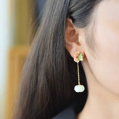925 Silver Inlaid Hetian Nephrite "Lotus Bead & Lotus Earring"