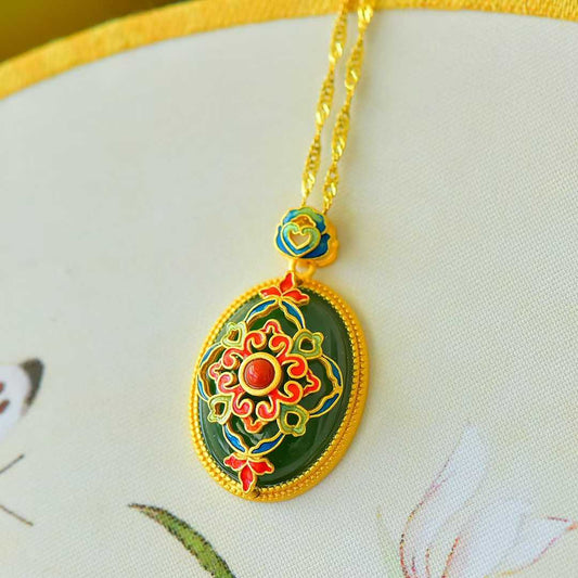 925 Silver-Inlaid Hetian Green Jade Pendant with "Continuous Blessings & Fortune" Meaning & Enamel Accents