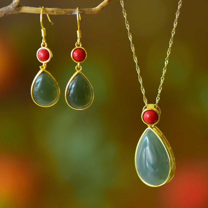S925 silver Hetian nephrite water drop and cinnabar minimalist jewelry set - elegant collection"
