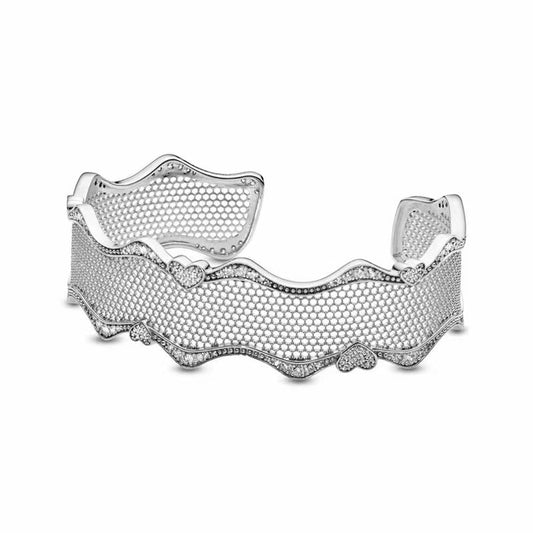 Sparkling Hollow Heart Wide Silver Bracelet for Women - jewelryweilin