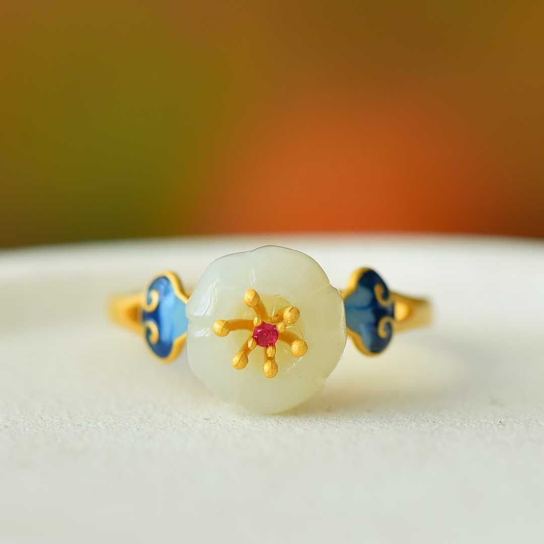 925 Silver Inlaid Hetian White Nephrite "Lotus, Auspicious Clouds & Continuous Blessings" Enamel Ring